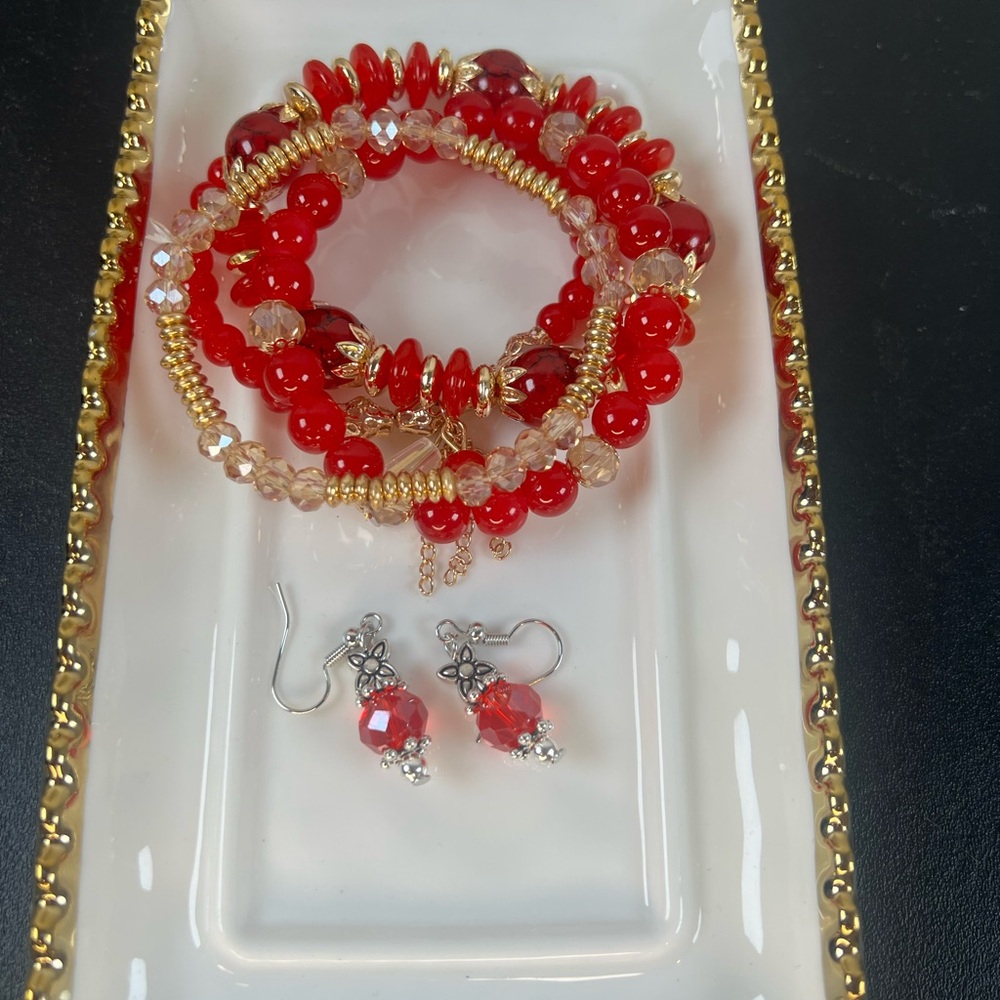 #42 Red and Gold Beaded Bracelet and Earring Set